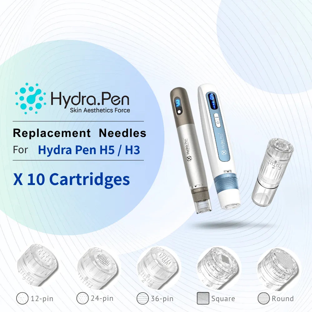 Dr.pen Hydra Pen H5/H3 replacement cartridges, 10-pack, featuring 12, 24, 36-pin, square, and round needle options.