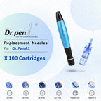 Dr. Pen A1 device shown with multiple compatible replacement cartridge types.