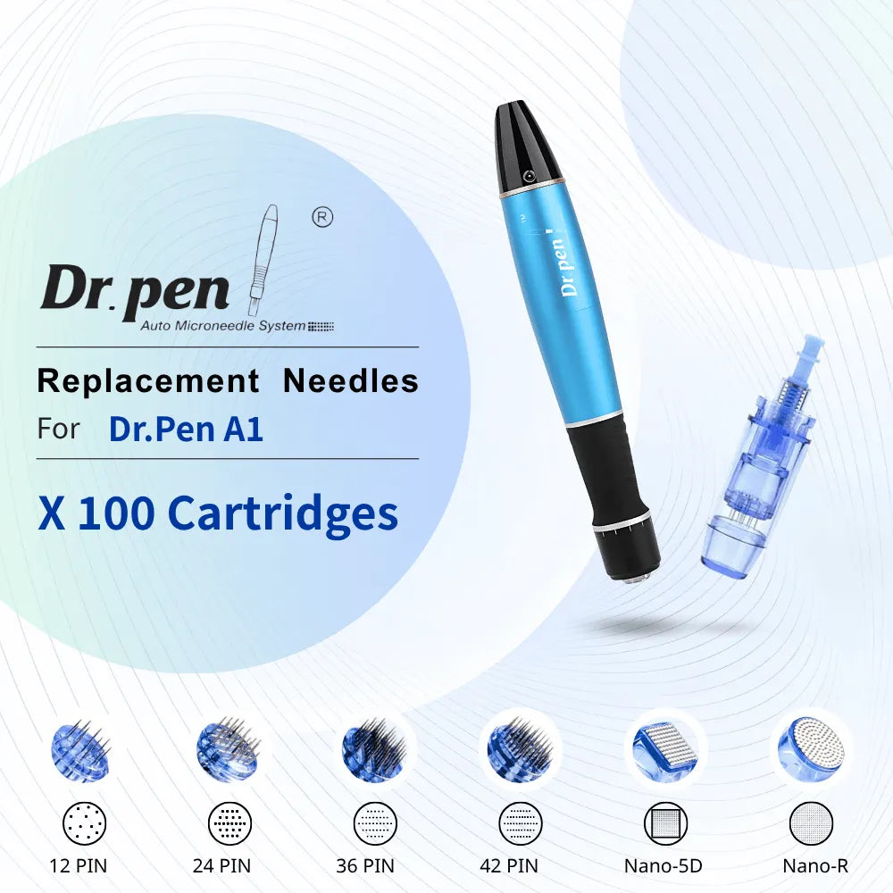 Dr. pen A1 replacement cartridges, blue device, and various needle types for enhanced skincare.