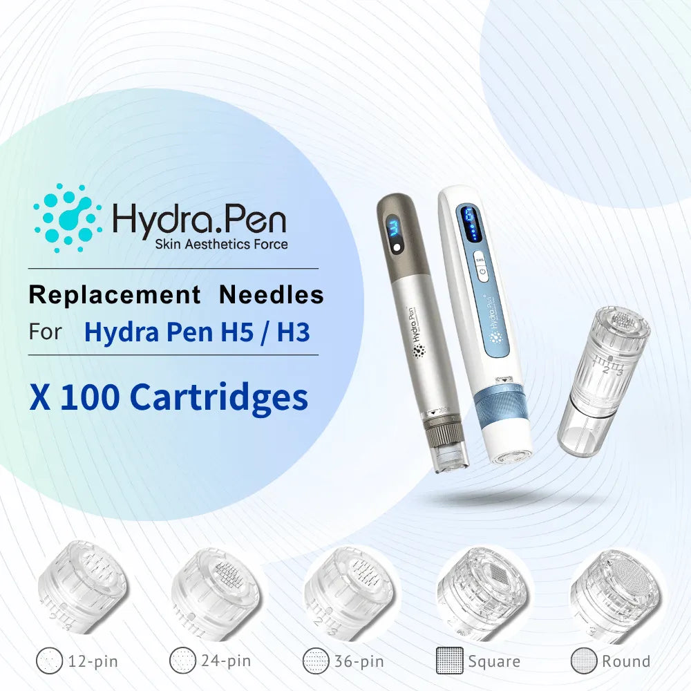 Hydra Pen H5/H3 replacement cartridges, 100-pack, featuring 12, 24, 36-pin, square, and round needle options.