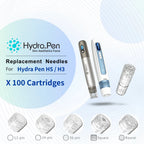 Hydra Pen H5/H3 replacement cartridges, 100-pack, featuring 12, 24, 36-pin, square, and round needle options.