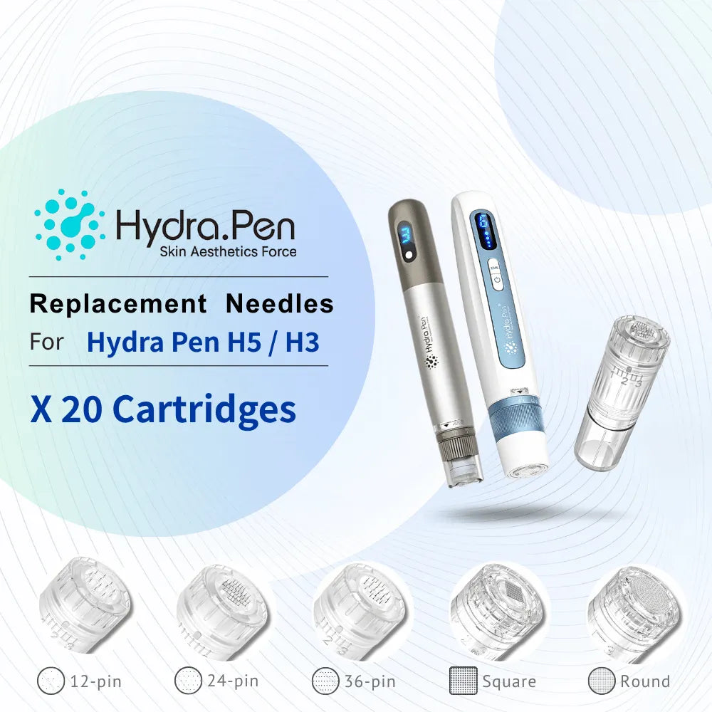 Dr.pen Hydra Pen H5/H3 cartridges, 20-pack, featuring 12, 24, 36-pin, square, and round needle options.