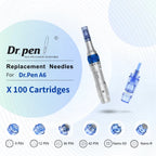 Dr. Pen A6 microneedle device with blue and silver accents, alongside various transparent blue replacement cartridges.