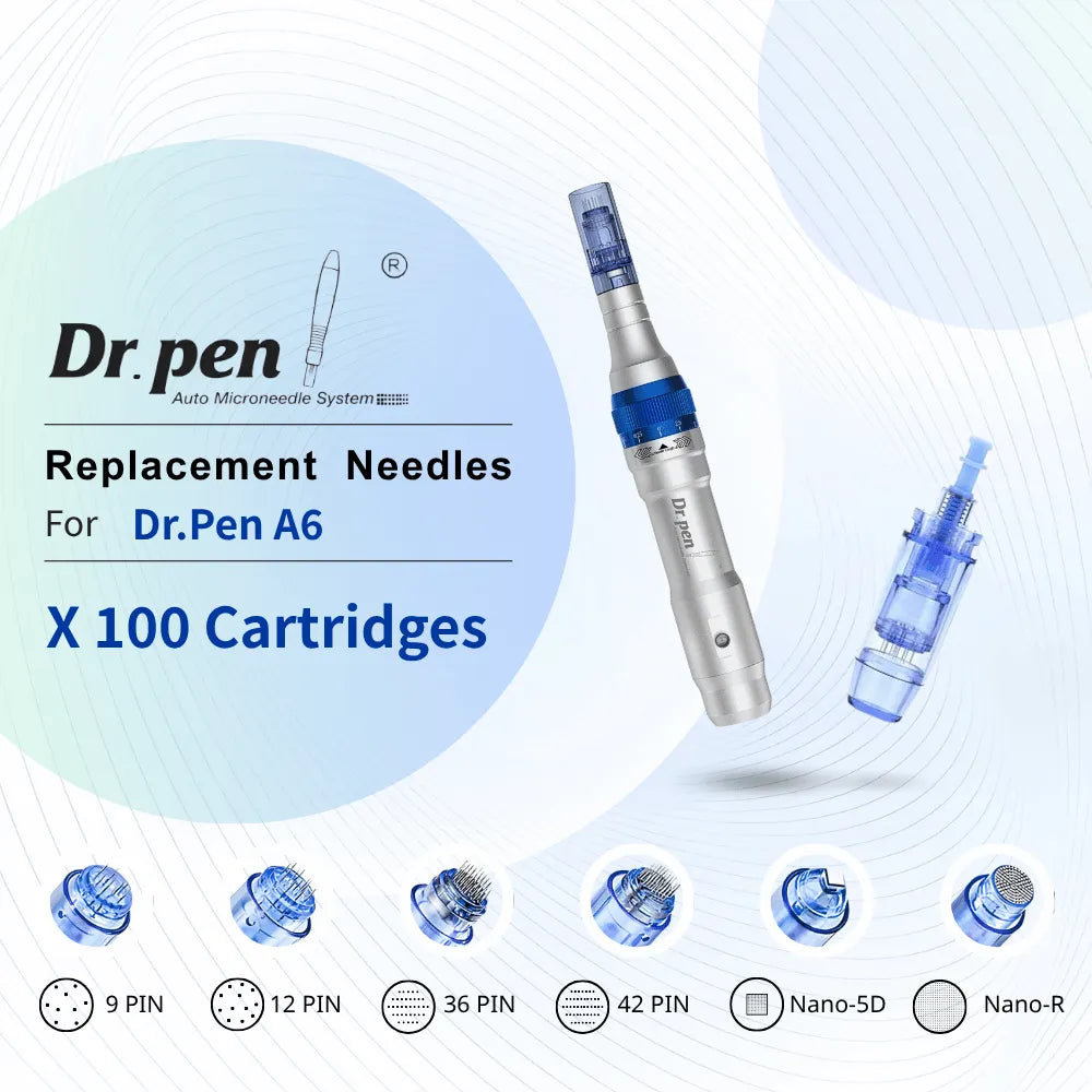 Dr. Pen A6 microneedle device with blue and silver accents, alongside various transparent blue replacement cartridges.