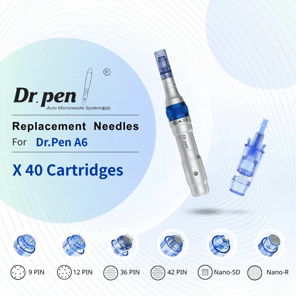 Authentic Dr. Pen A6 replacement cartridges in blue and silver, showing various pin configurations.