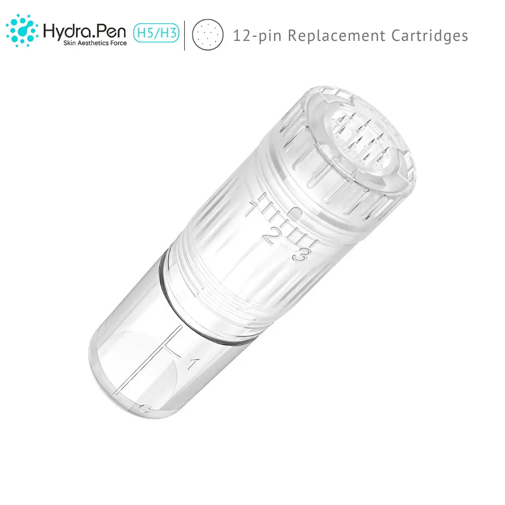 Clear Dr.pen Hydra Pen H3/H5 12-pin replacement cartridge, showcasing precise needle design for professional use.