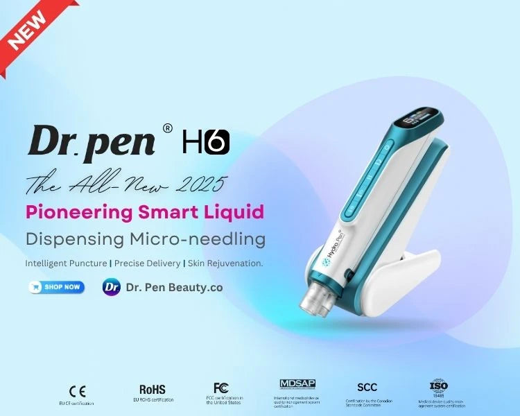 Dr. Pen H6 smart liquid dispensing microneedling pen mobile banner with product feature highlights