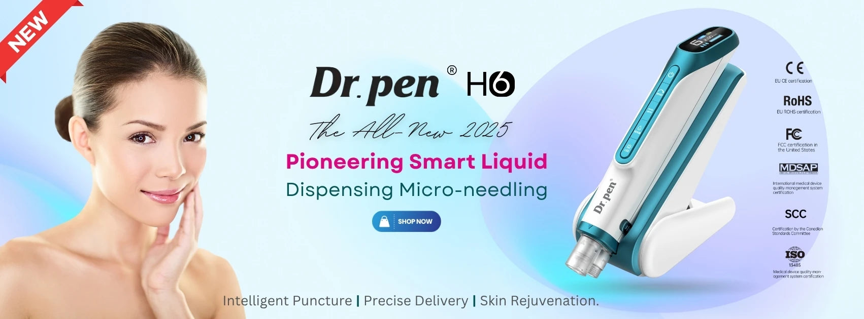 Dr. Pen H6 smart liquid dispensing microneedling pen with model and blue skincare banner background