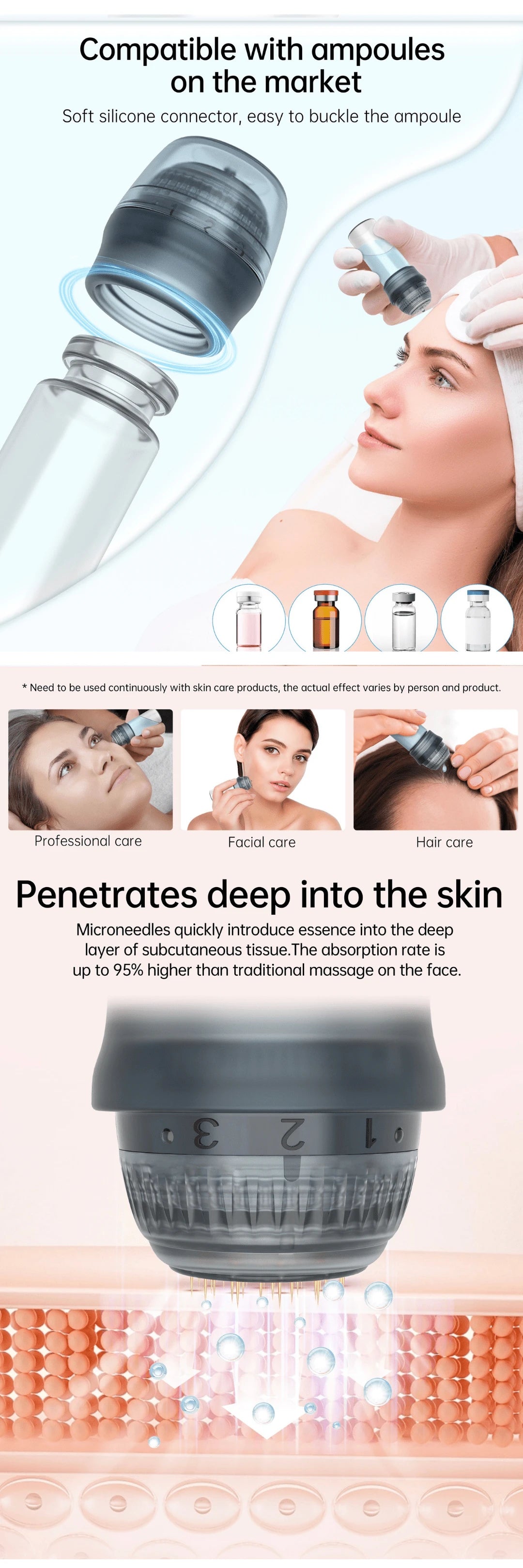Dr. Pen HN30 derma stamp showing serum ampoule compatibility, manual facial use, and adjustable liquid delivery through the 30-pin stamping head.