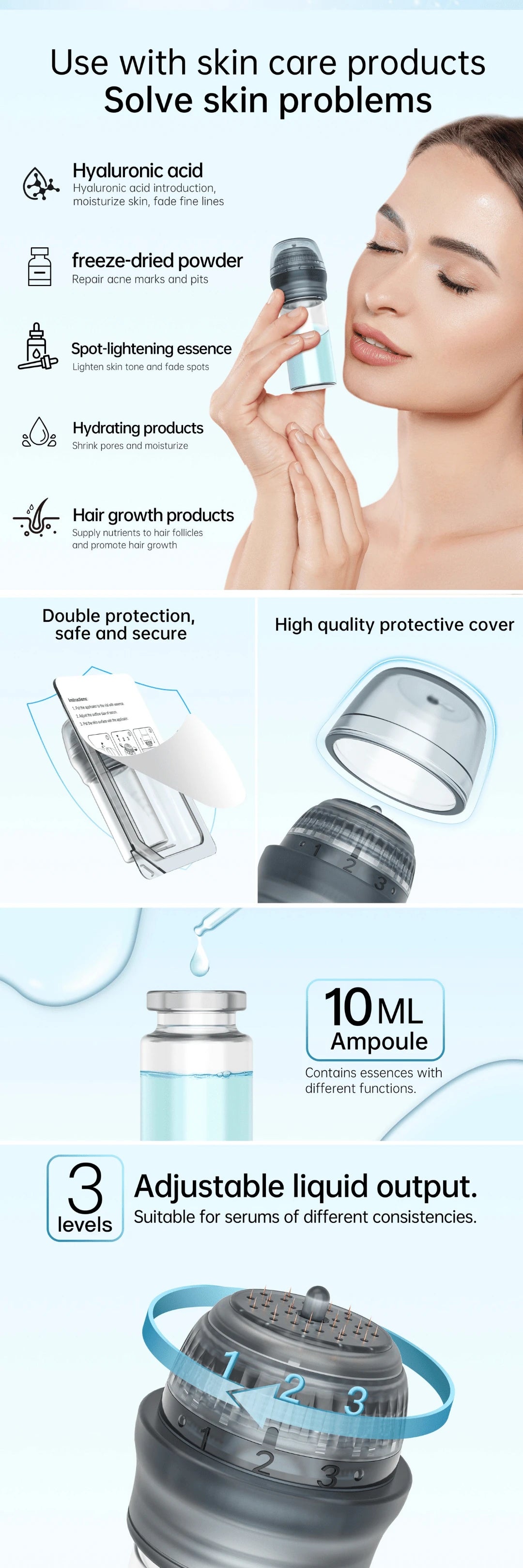 Dr. Pen HN30 Hydra Needle derma stamp with 10 mL serum vial, 3-level adjustable liquid flow, protective cap, and skincare serum compatibility.