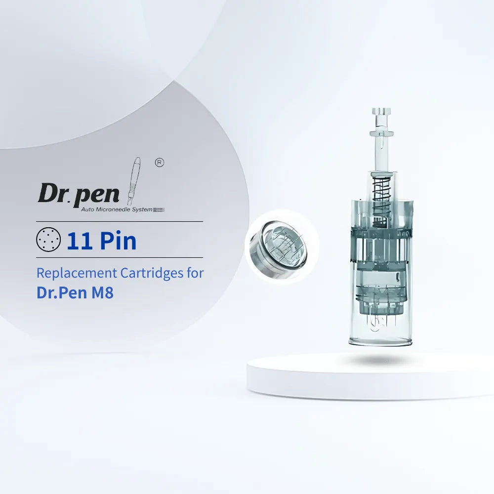 Dr. Pen M8 11-Pin microneedling cartridge, clear and silver, for targeted skin transformation.