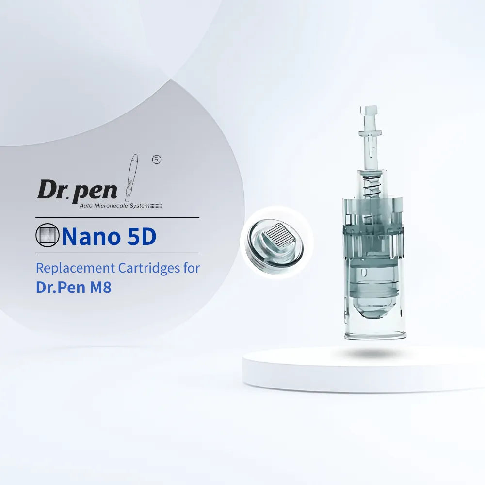Dr.pen M8/M7S Nano 5D microneedling cartridge, clear plastic with fine needles, on a white pedestal.
