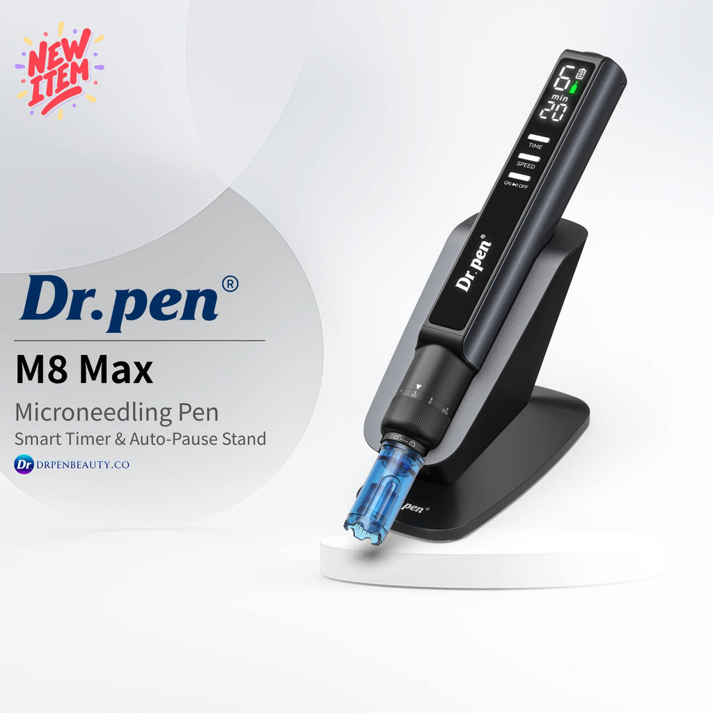 Dr. Pen M8 Max microneedling pen on its sensing stand, with timer display and attached blue cartridge.