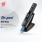 Dr. Pen M8 Max microneedling pen on its sensing stand, with timer display and attached blue cartridge.