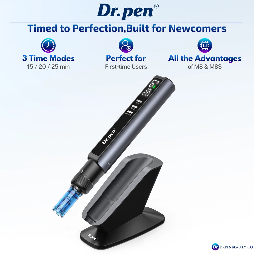Dr. Pen M8 Max pen and stand with a graphic listing 15, 20 and 25-minute timer presets.