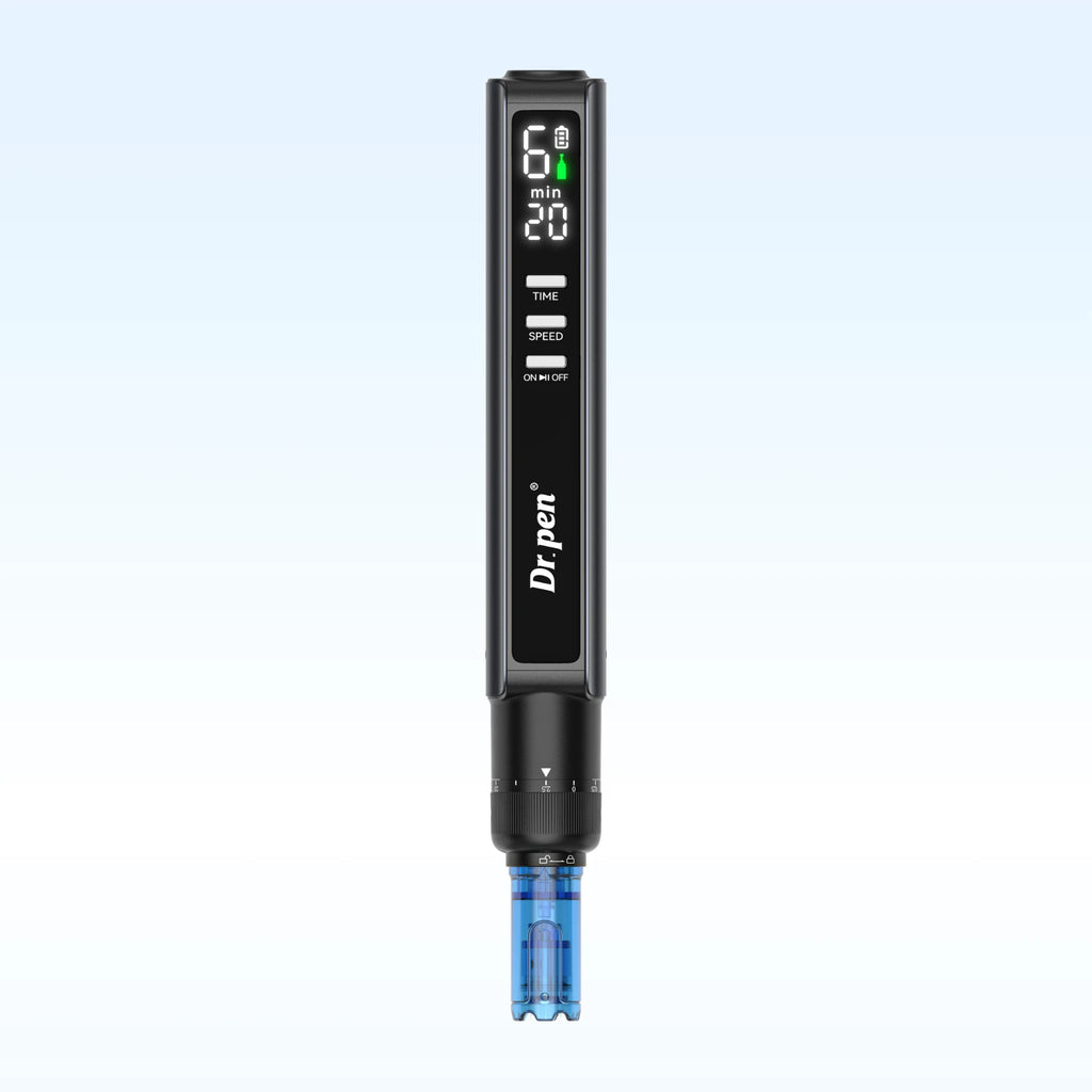 Front view of the Dr. Pen M8 Max showing its digital display, control buttons, depth dial and blue cartridge.