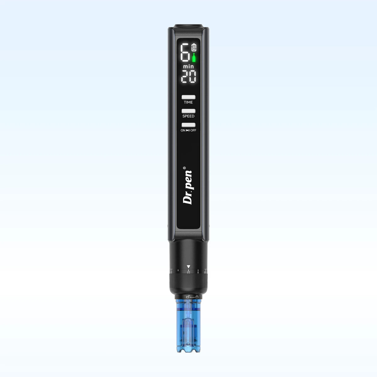 Front view of the Dr. Pen M8 Max showing its digital display, control buttons, depth dial and blue cartridge.