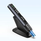 Angled view of the Dr. Pen M8 Max on its sensing stand, showing the display, depth dial and attached cartridge.