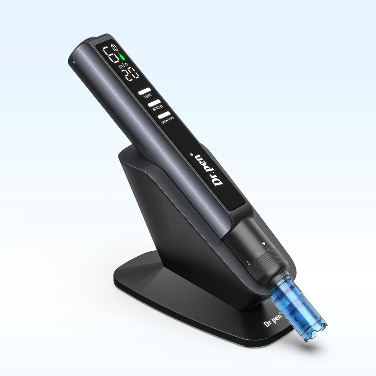 Angled view of the Dr. Pen M8 Max on its sensing stand, showing the display, depth dial and attached cartridge.