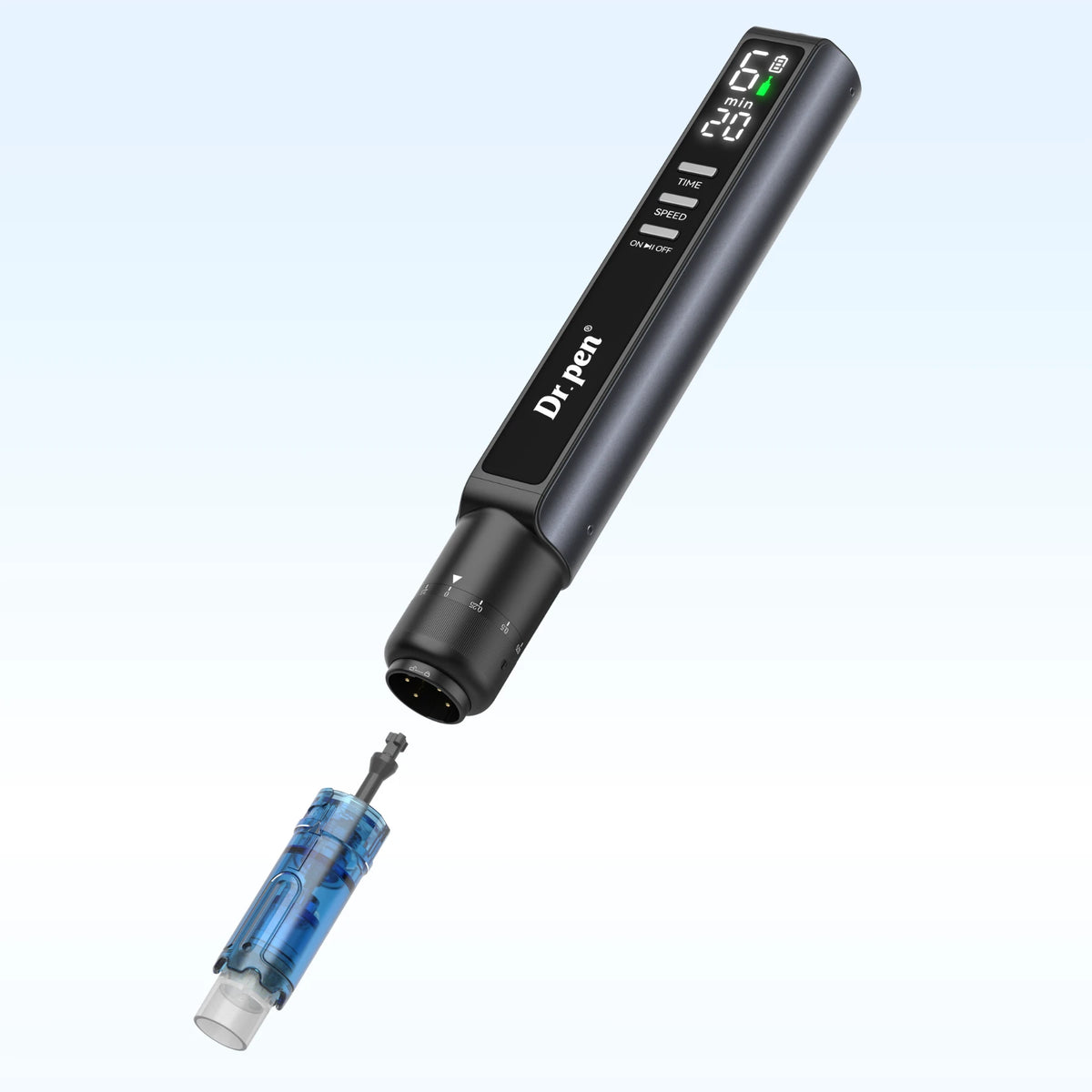 Dr. Pen M8 Max with a detached blue cartridge, showing the cartridge attachment point and protective cap.