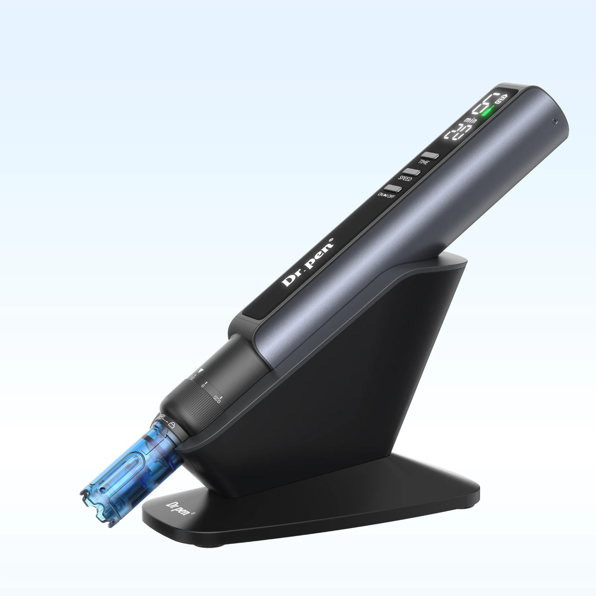 Side-angle view of the Dr. Pen M8 Max resting on its sensing stand with a blue cartridge attached.