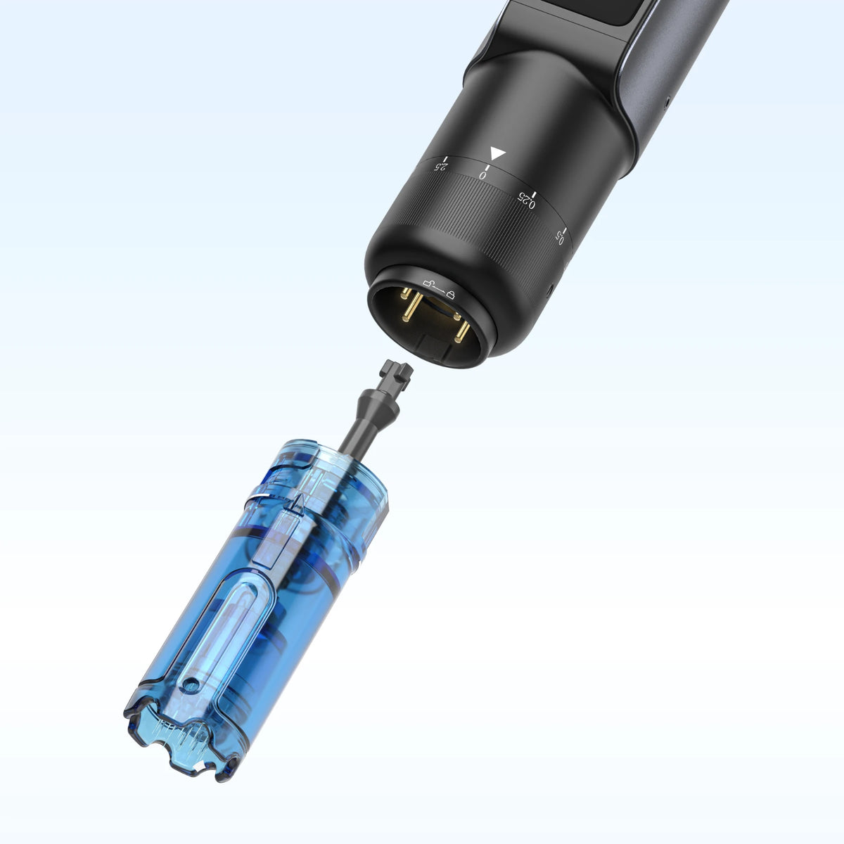 Close-up of the Dr. Pen M8 Max cartridge connector, contact pins, depth dial and detached blue cartridge.