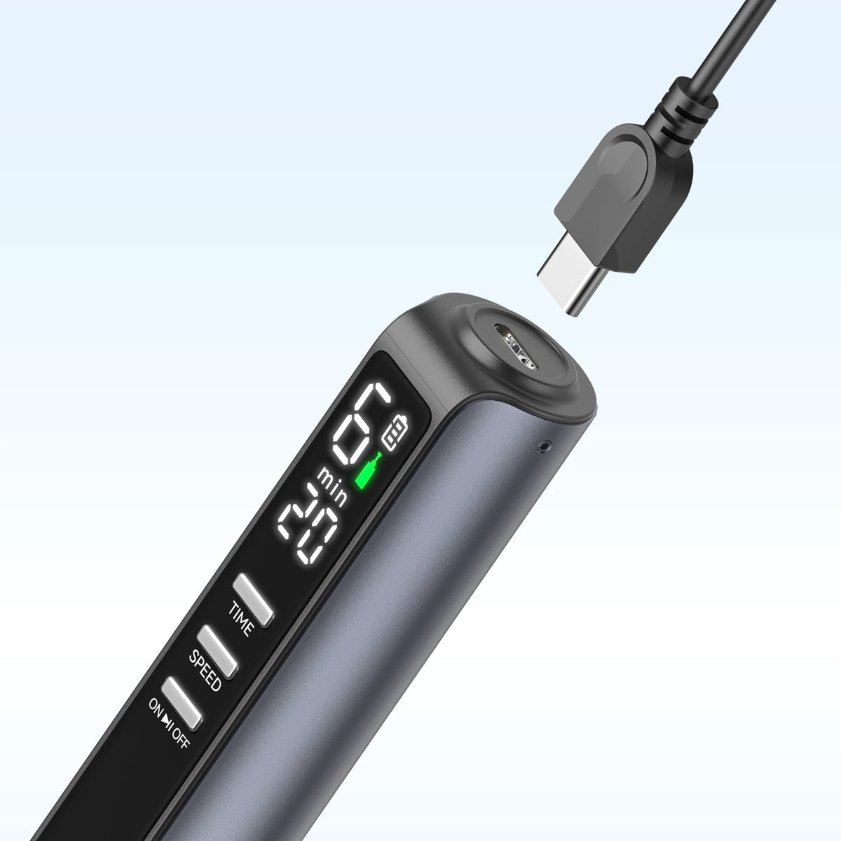 Close-up of the Dr. Pen M8 Max Type-C charging port with a USB-C cable positioned above it.