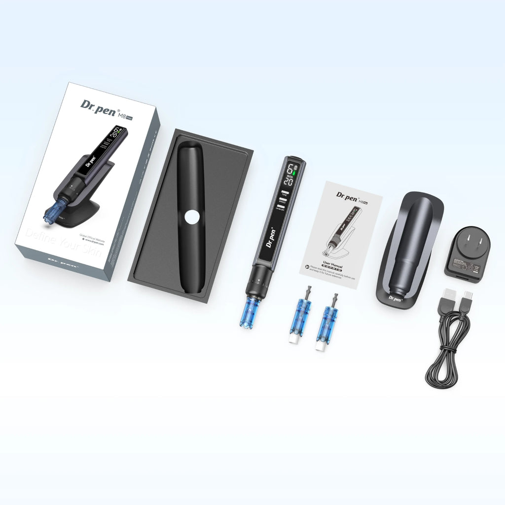 Dr. Pen M8 Max kit showing the pen, stand, spare cartridges, adapter, USB cable, manual and packaging.