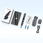 Dr. Pen M8 Max kit showing the pen, stand, spare cartridges, adapter, USB cable, manual and packaging.