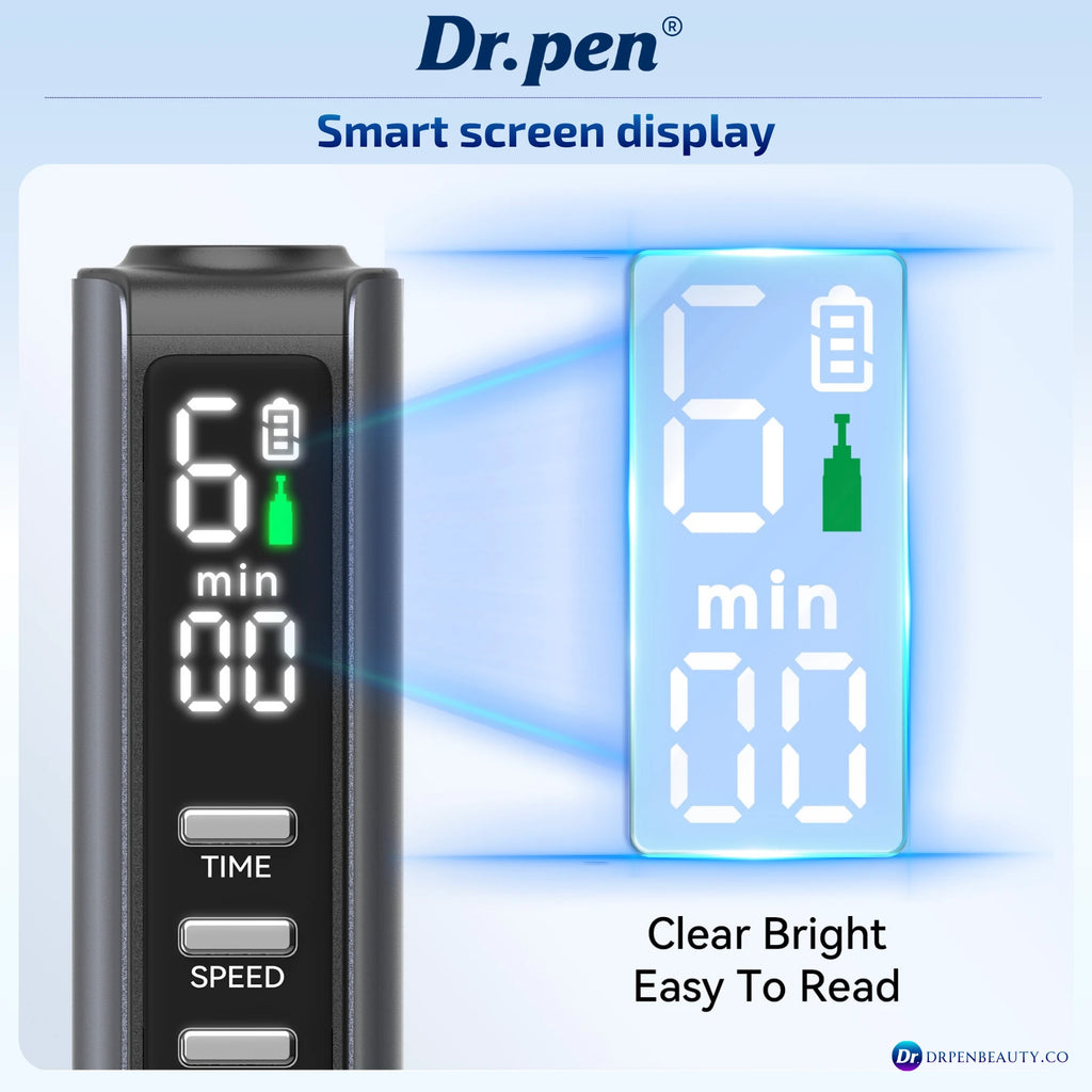 Dr. Pen M8 Max LED display graphic showing speed level 6, battery and cartridge icons, and timer information.