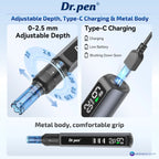Dr. Pen M8 Max feature graphic showing 0–2.5 mm depth adjustment, Type-C charging and metal body.