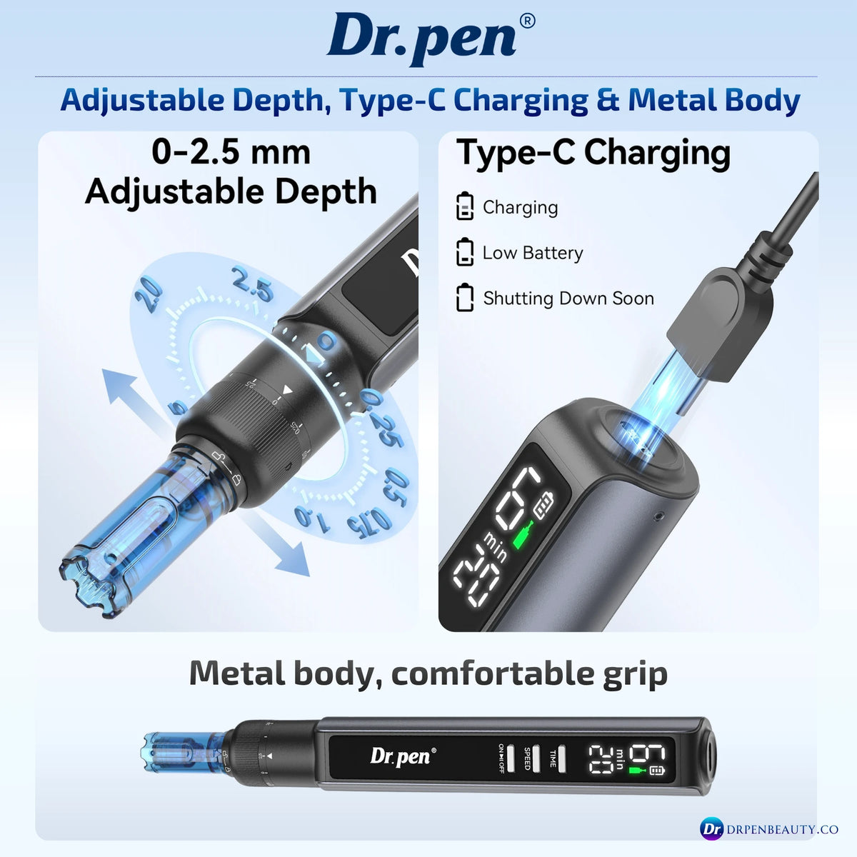Dr. Pen M8 Max feature graphic showing 0–2.5 mm depth adjustment, Type-C charging and metal body.