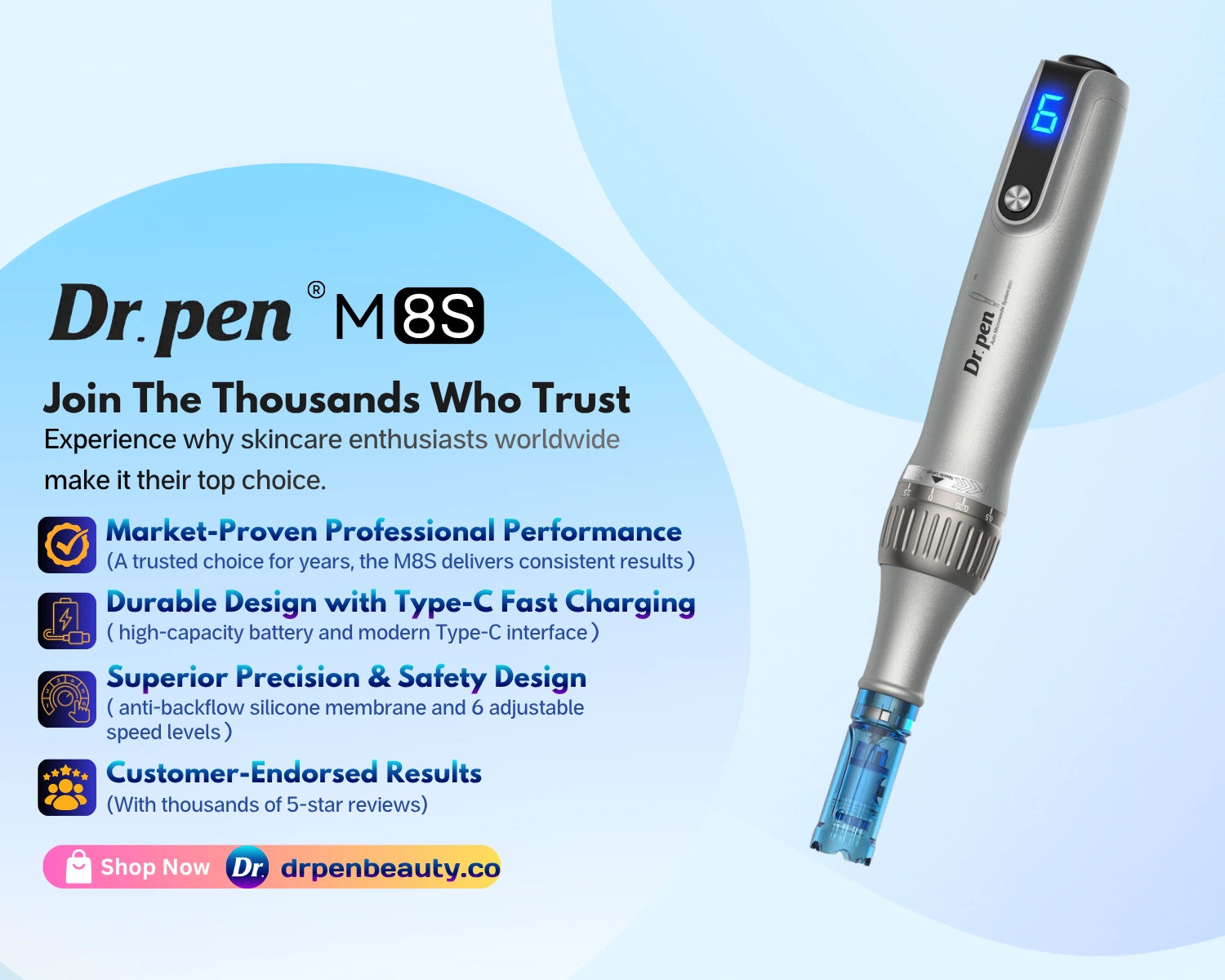 Dr. Pen M8S microneedling pen with blue skincare banner background and product feature highlights