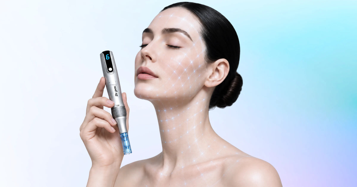 Woman holding the Dr. Pen M8S microneedling pen with a subtle facial grid effect against a blue gradient background.