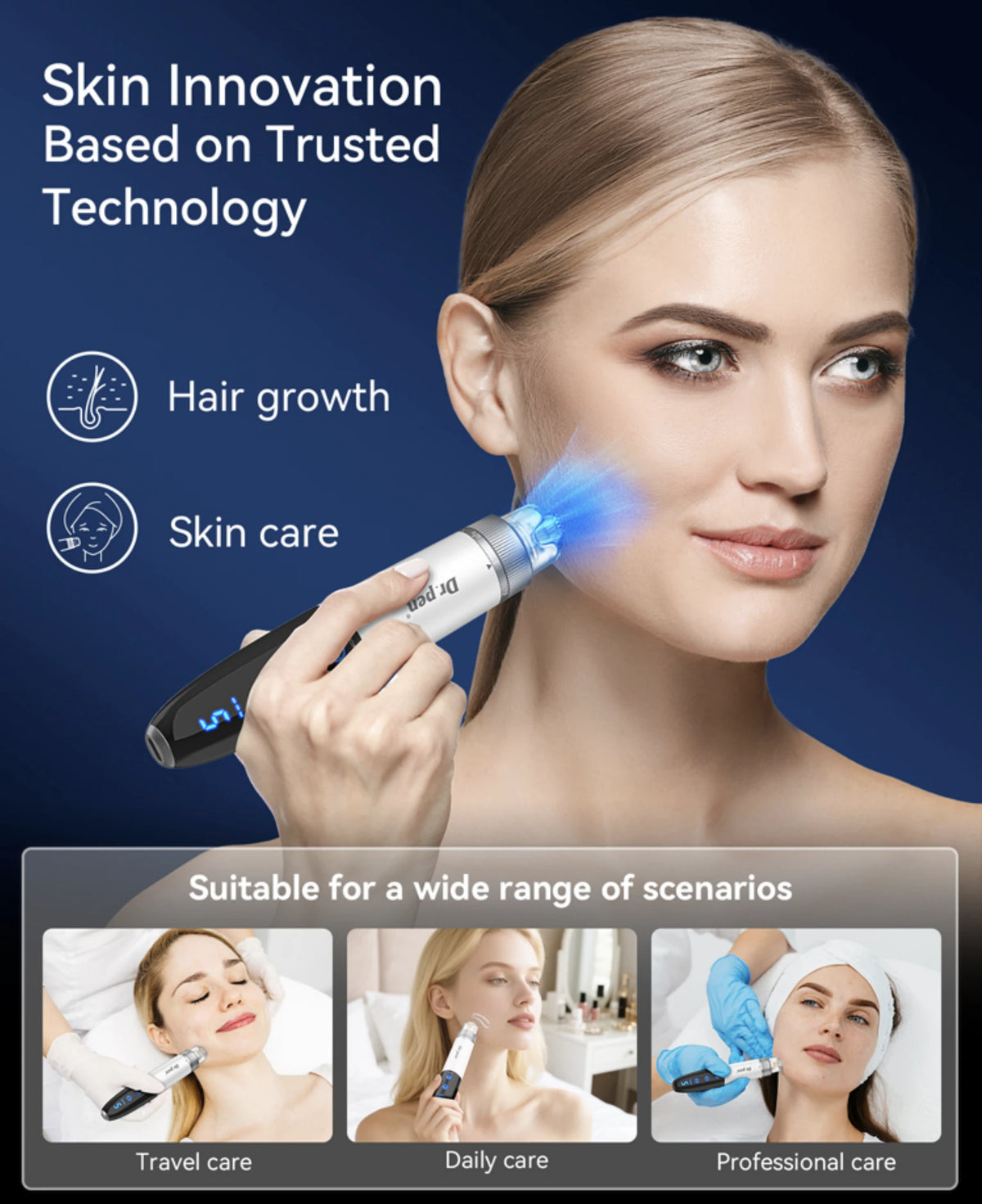 A beauty device with a blue light effect being used on a woman's face, set against a dark blue background with promotional text about hair growth and skin care. Three small lifestyle inset images at the bottom show different use scenarios.