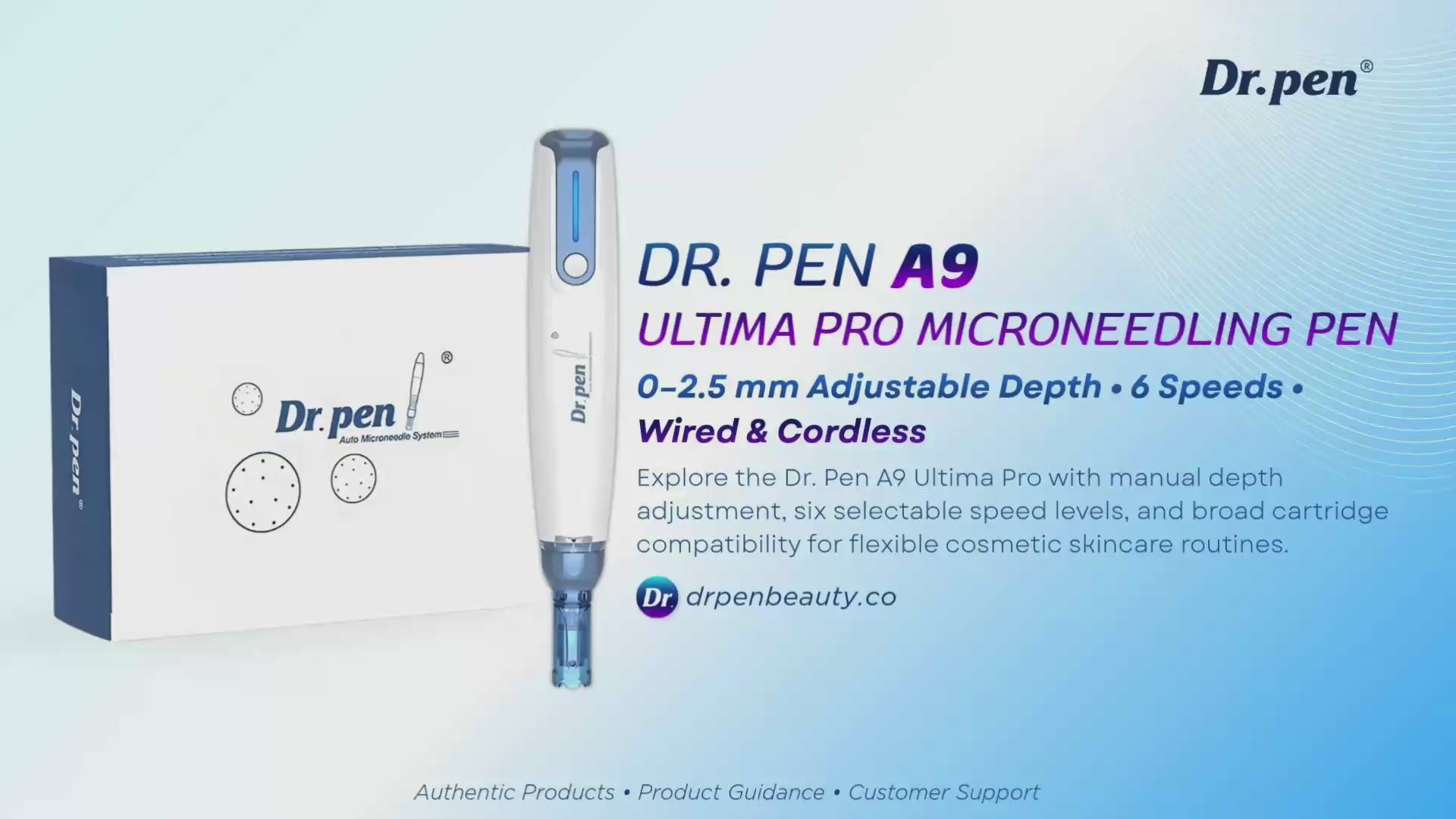 Dr. Pen A9 Ultima Pro microneedling pen with product box, featuring 0–2.5 mm adjustable depth, 6 speed levels, and wired or cordless operation.