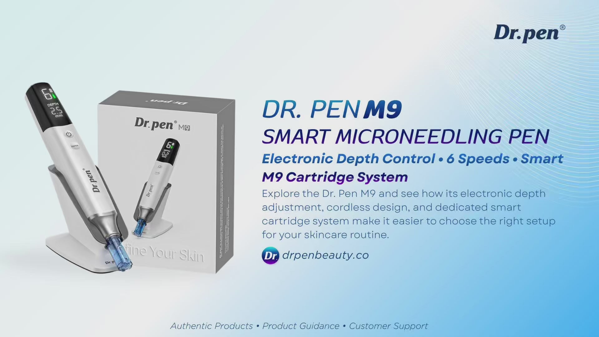 Dr. Pen M9 wireless microneedling pen product video showing electronic depth control, six speed levels, smart M9 cartridge system, and Type-C rechargeable design.