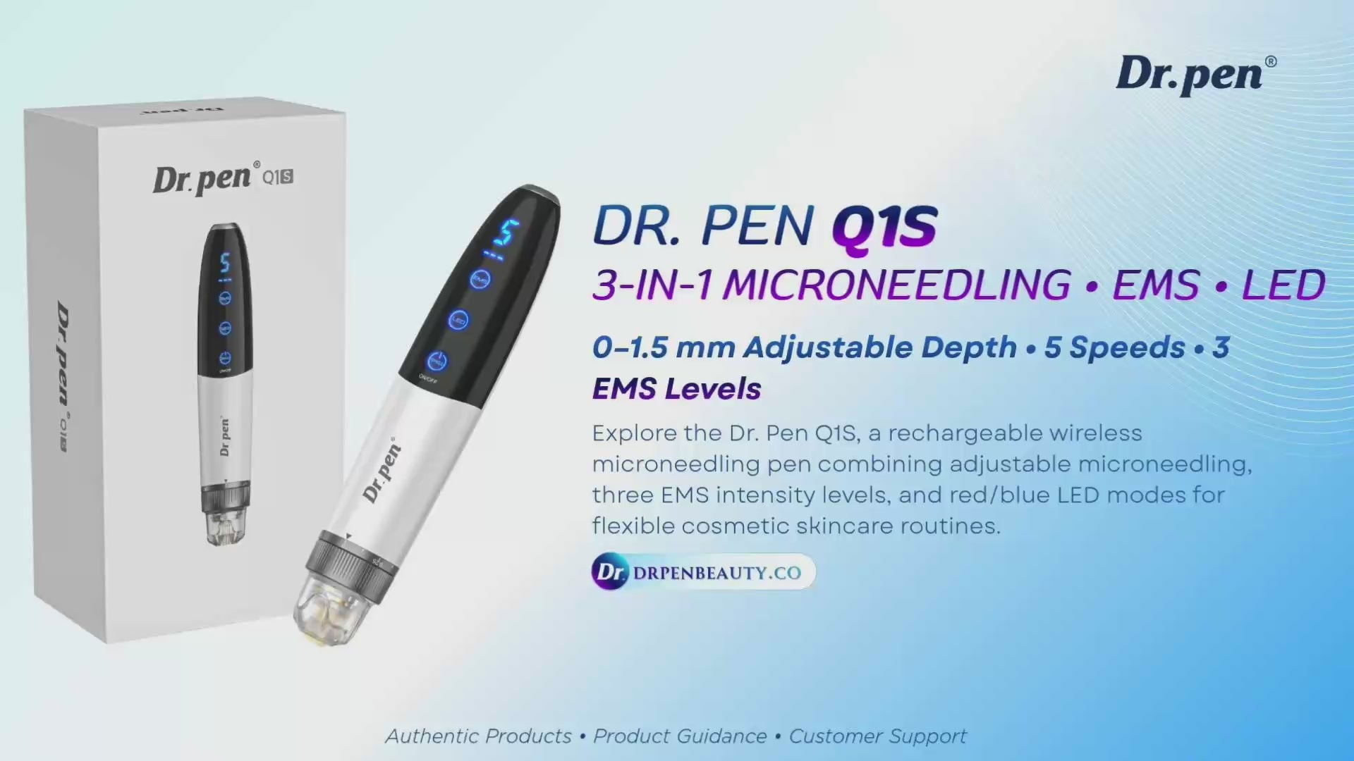 See the Dr. Pen Q1S in action and explore its adjustable microneedling, three EMS intensity levels, red/blue LED modes, and five speed settings. The Q1S supports 9-Pin, 14-Pin, 25-Pin, and Nano cartridges for flexible cosmetic skincare routines and different coverage preferences.