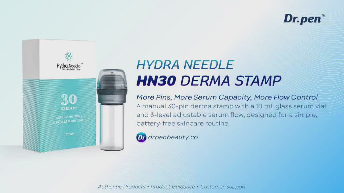 Dr. Pen HN30 Hydra Needle derma stamp product video showing the 30-pin manual stamp, 10 mL glass serum vial, and 3-level adjustable serum flow.