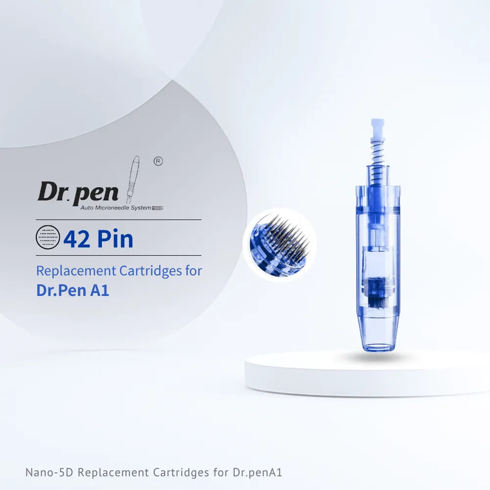 Dr. pen A1 42 Pin replacement cartridges, blue translucent plastic with fine microneedles.
