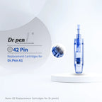 Dr. pen A1 42 Pin replacement cartridges, blue translucent plastic with fine microneedles.