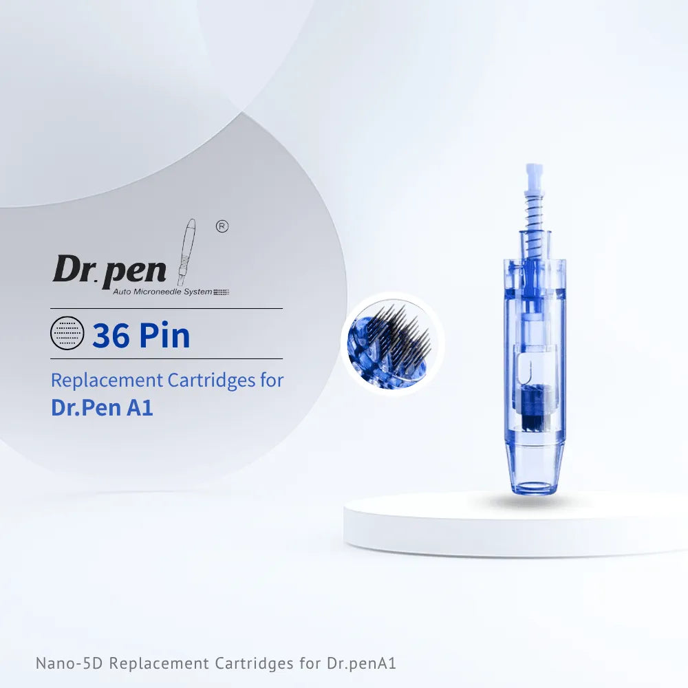 Dr. pen A1 36 Pin replacement cartridge, clear blue plastic, designed for effective serum absorption.