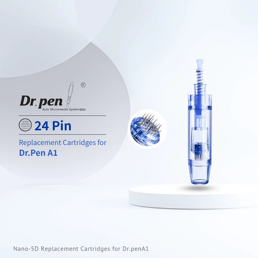 Dr. pen A1 24 Pin replacement cartridge, clear blue plastic with visible microneedles.