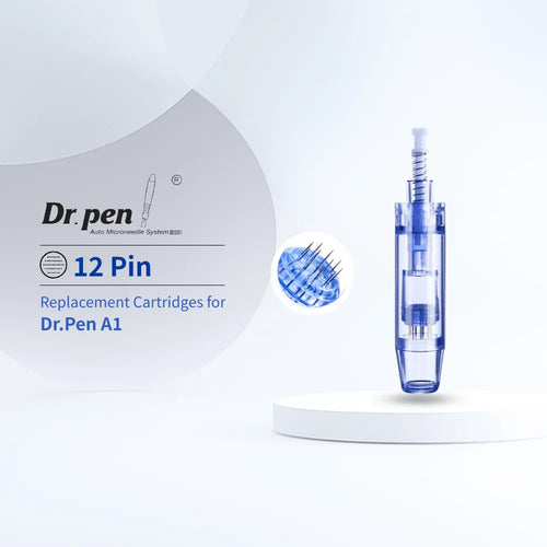 Dr. pen A1 12 Pin replacement cartridge, clear blue plastic with fine needles, for enhanced serum absorption.