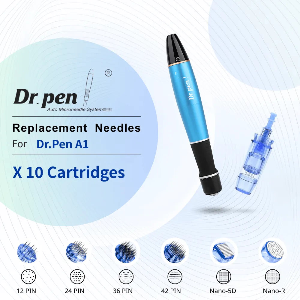 Dr. pen A1 replacement cartridges, a set of 10 clear plastic microneedle heads, shown with a blue Dr. pen device.