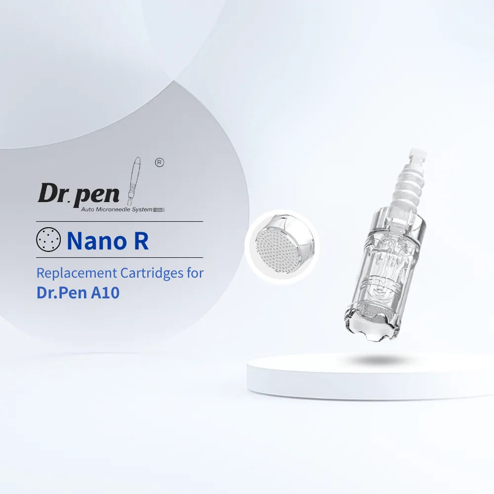 Dr. pen A10 Nano R cartridge with clear medical-grade plastic, wavy contact surface, and ultra-fine titanium needles.