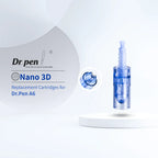 Dr. pen A6 Nano 3D replacement cartridges, clear blue plastic, for enhanced serum absorption.