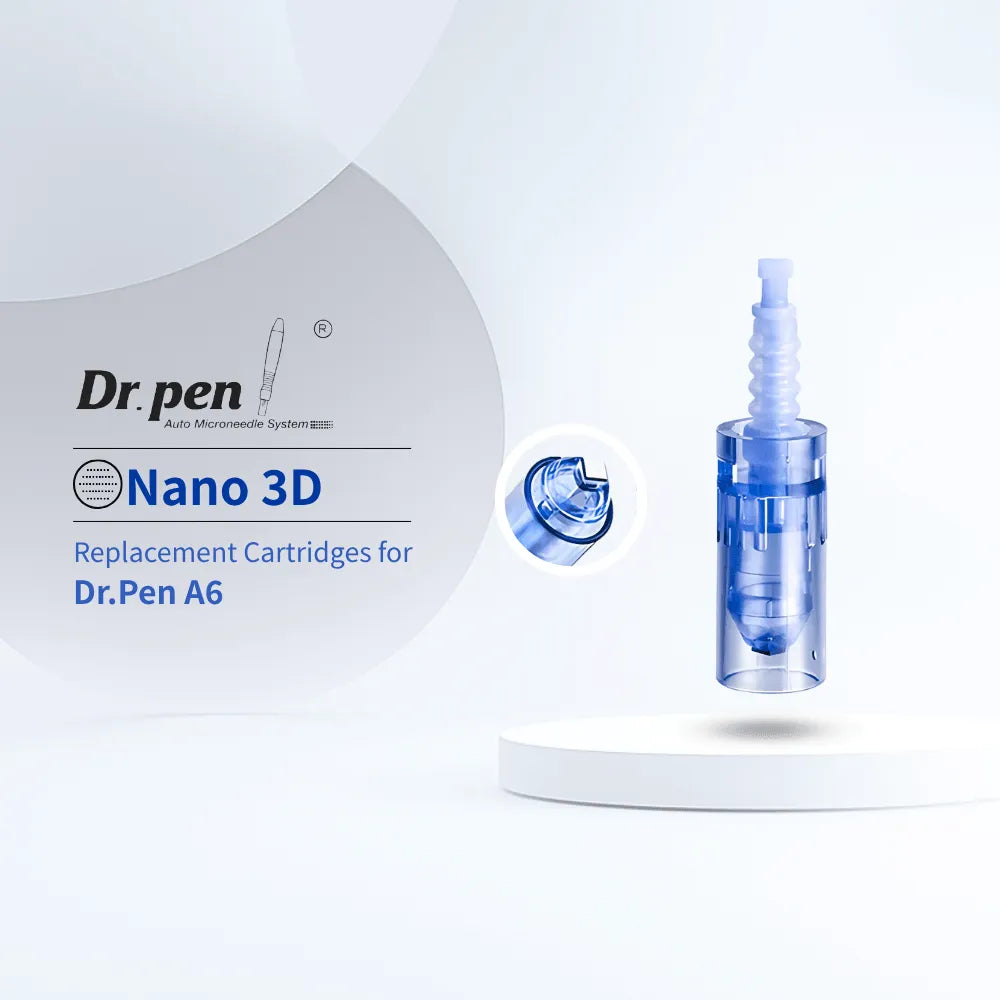 Dr. pen A6 Nano 3D replacement cartridges, clear blue plastic, for enhanced serum absorption.