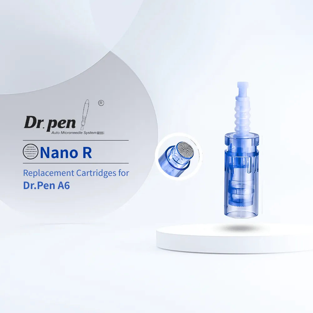 Dr. pen A6 Nano R replacement cartridge, translucent blue, for enhanced serum absorption.