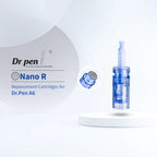 Dr. pen A6 Nano R replacement cartridge, translucent blue, for enhanced serum absorption.